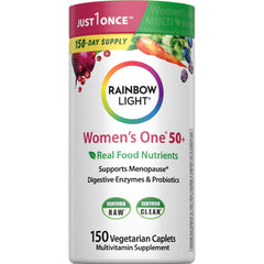 Rainbow Light Women's One 50plus bottle front for easy daily vitality.