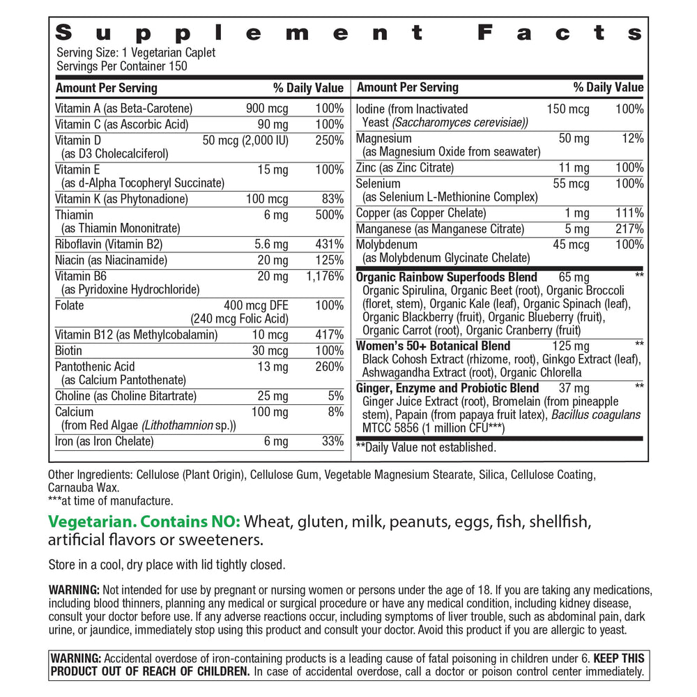 Rainbow Light Women's One 50plus caplet close-up for convenient daily immune support.