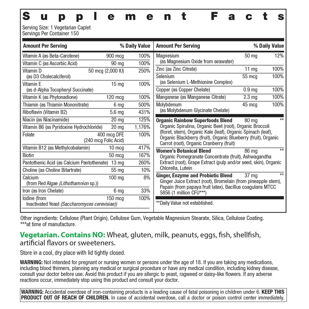 Rainbow Light Women's One multivitamin tablets close-up showing high-potency formula