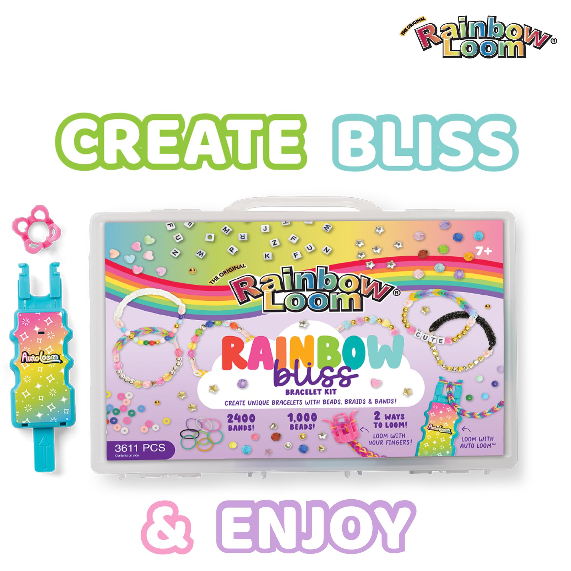 Rainbow Loom contents emphasize 2,400 bands and 1,000 beads for creativity