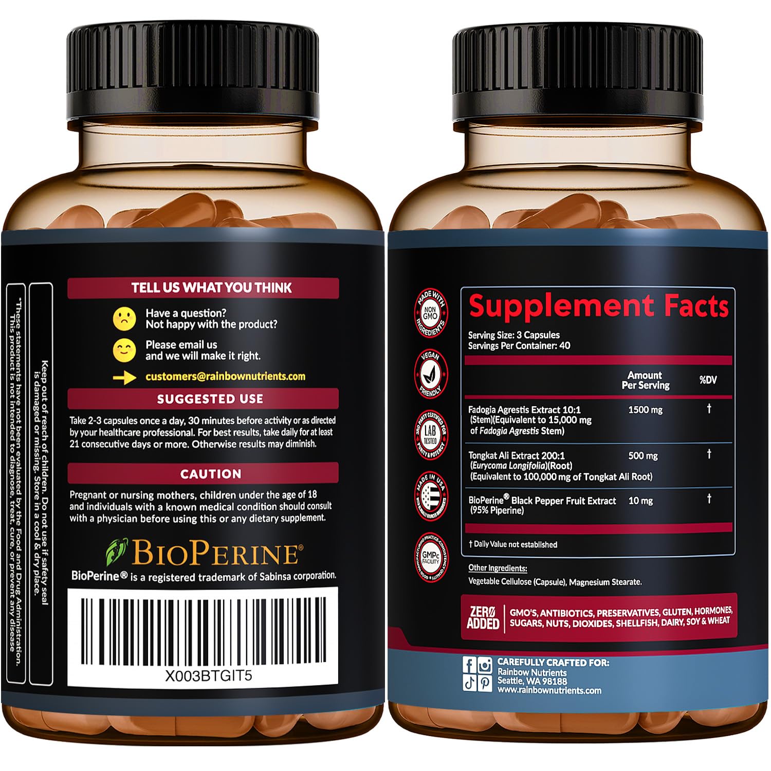 Rainbow Nutrients closeup label emphasizes USA-made, non-GMO quality.