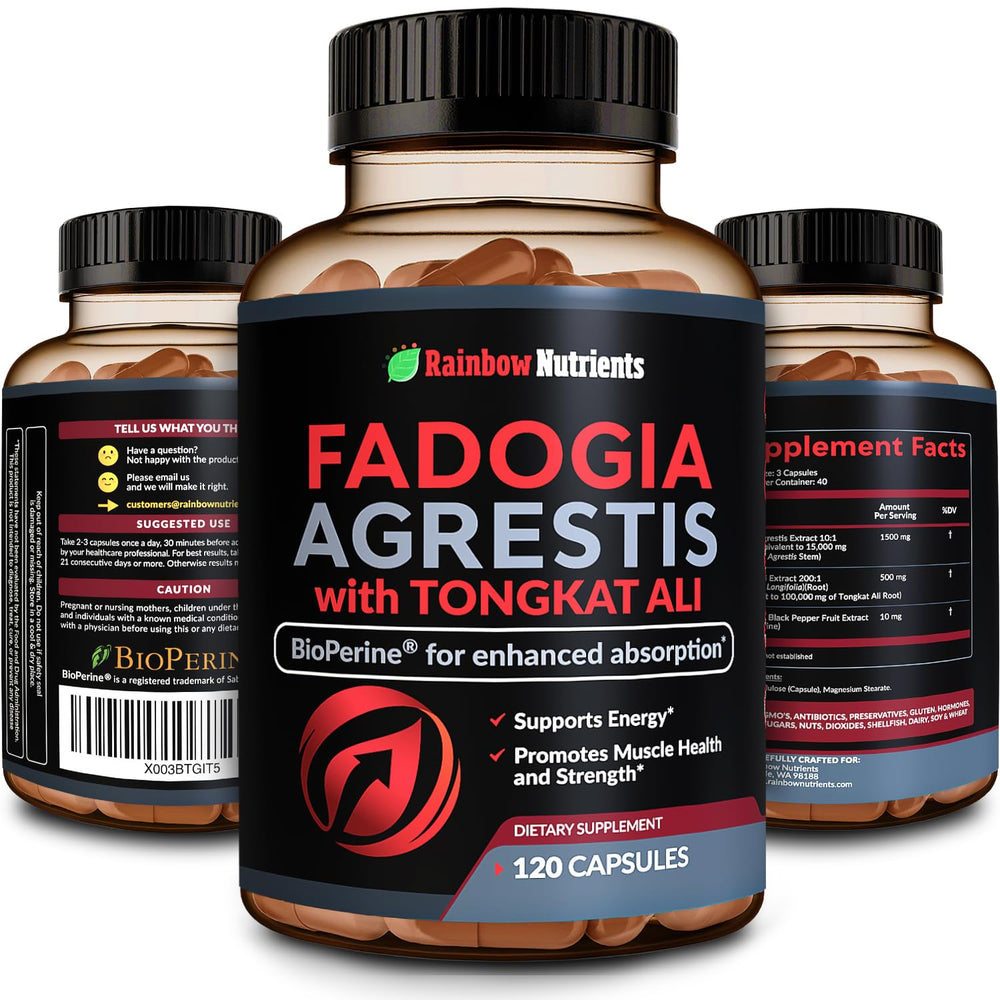 Rainbow Nutrients Fadogia Agrestis Tongkat Ali BioPerine capsules bottle boosts stamina and focus.