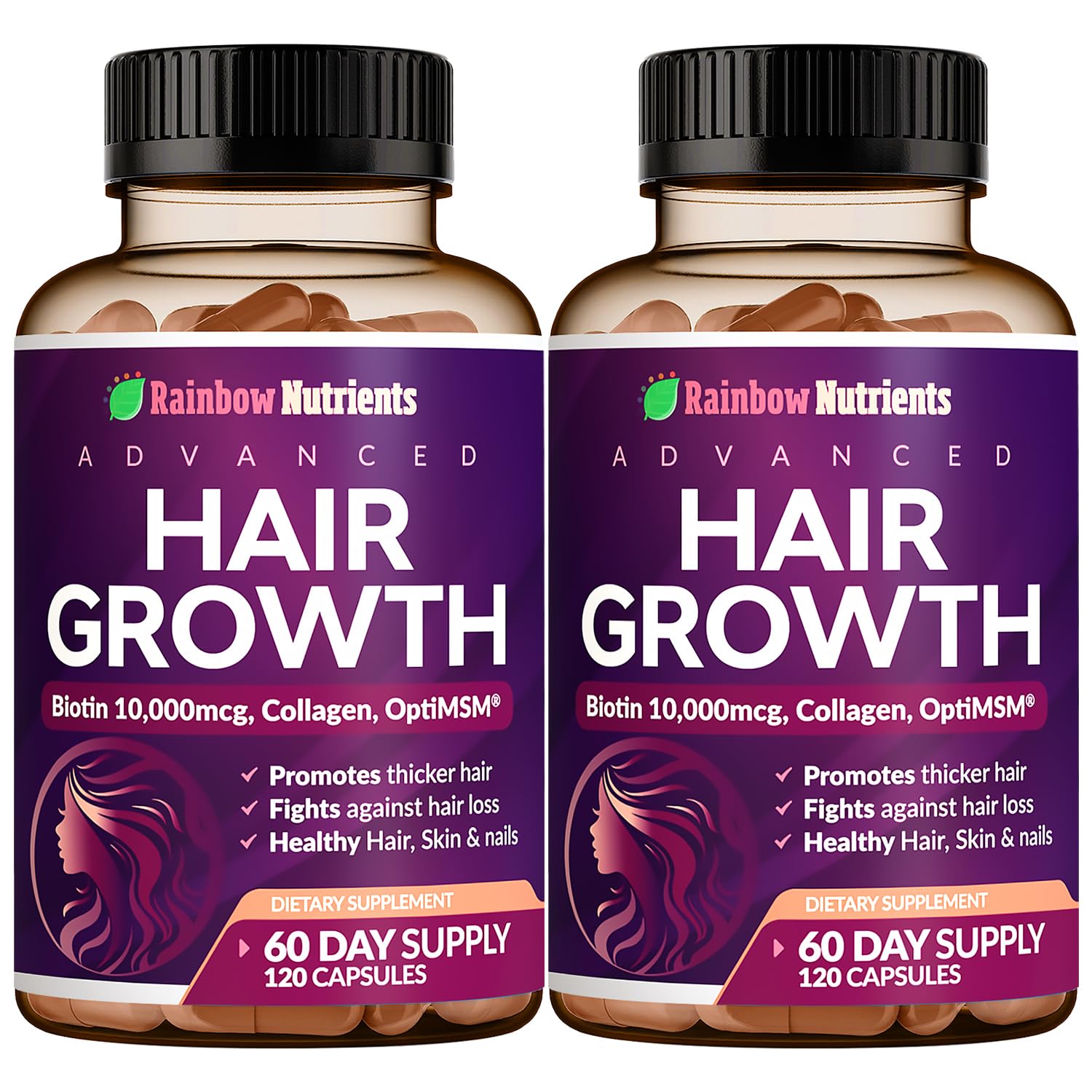 Rainbow Nutrients Hair Growth bottle front displays the product for ongoing hair support.