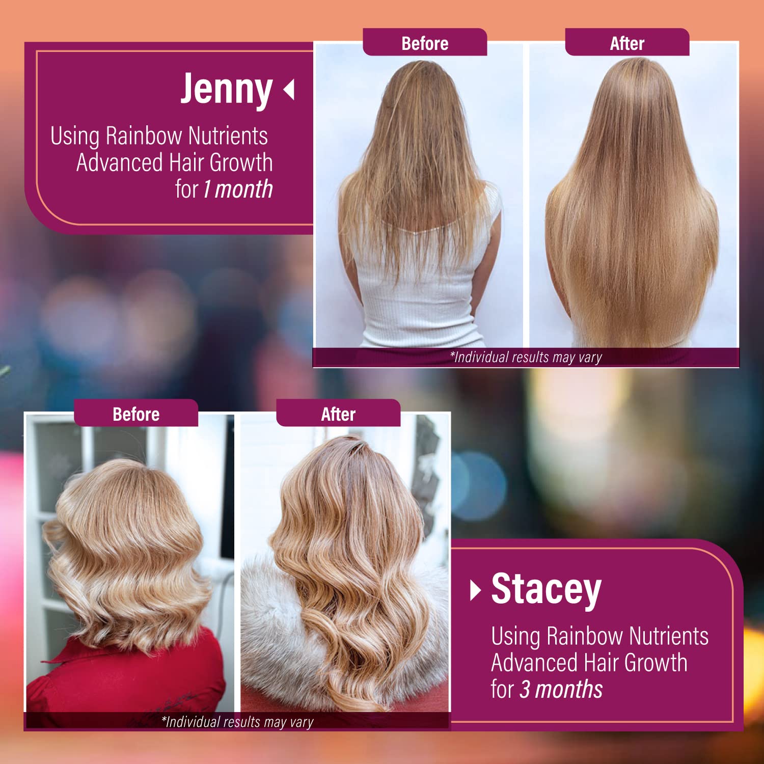 Rainbow Nutrients Hair Growth bottle on table suggests daily routine integration.