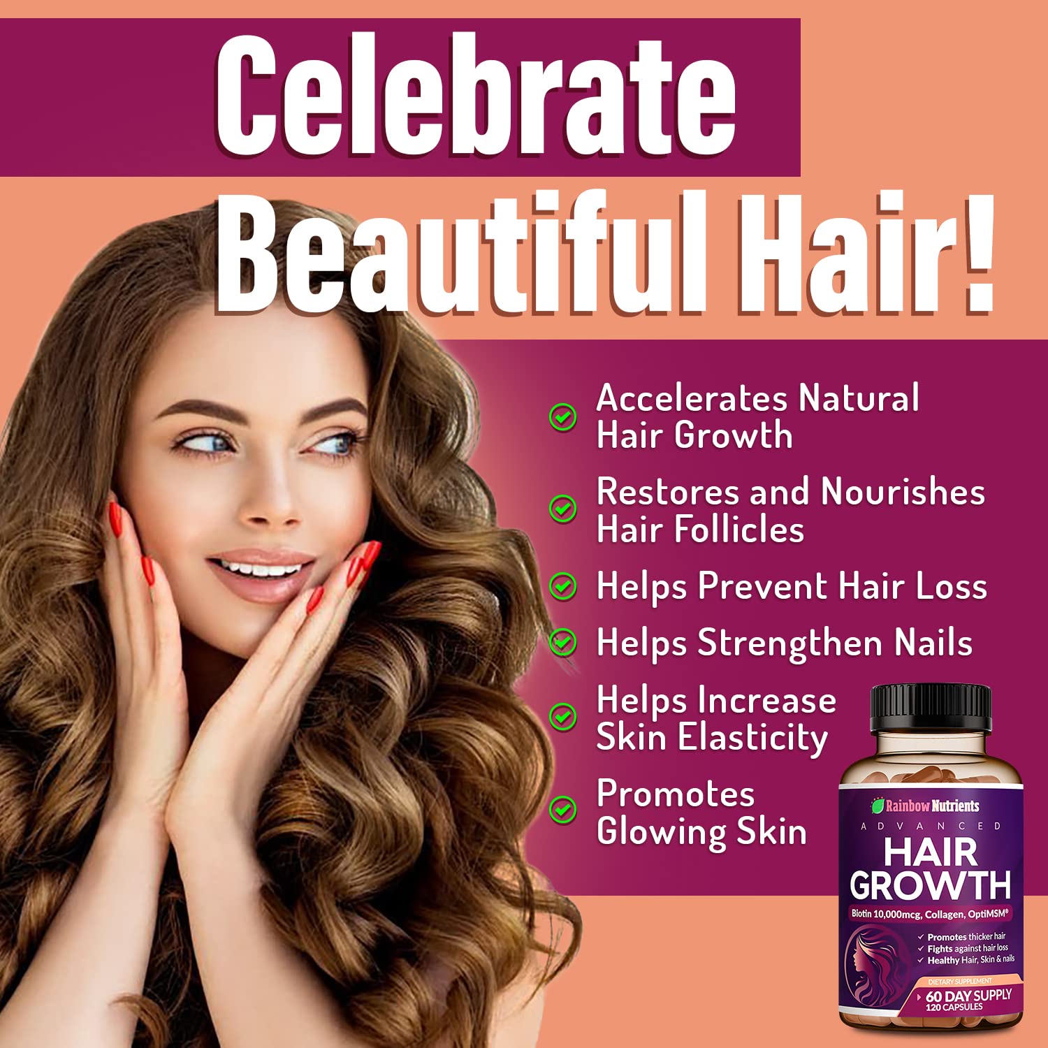 Rainbow Nutrients Hair Growth bottle pour demonstrates easy daily dosage.