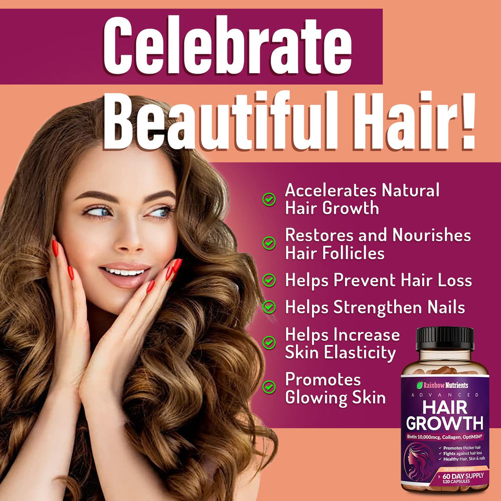 Rainbow Nutrients Hair Growth bottle pour demonstrates easy daily dosage.