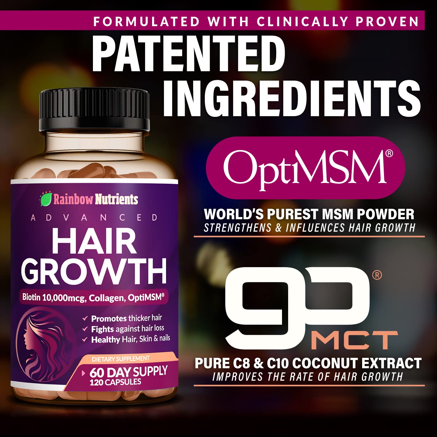 Rainbow Nutrients Hair Growth brand logo reinforces trusted quality.
