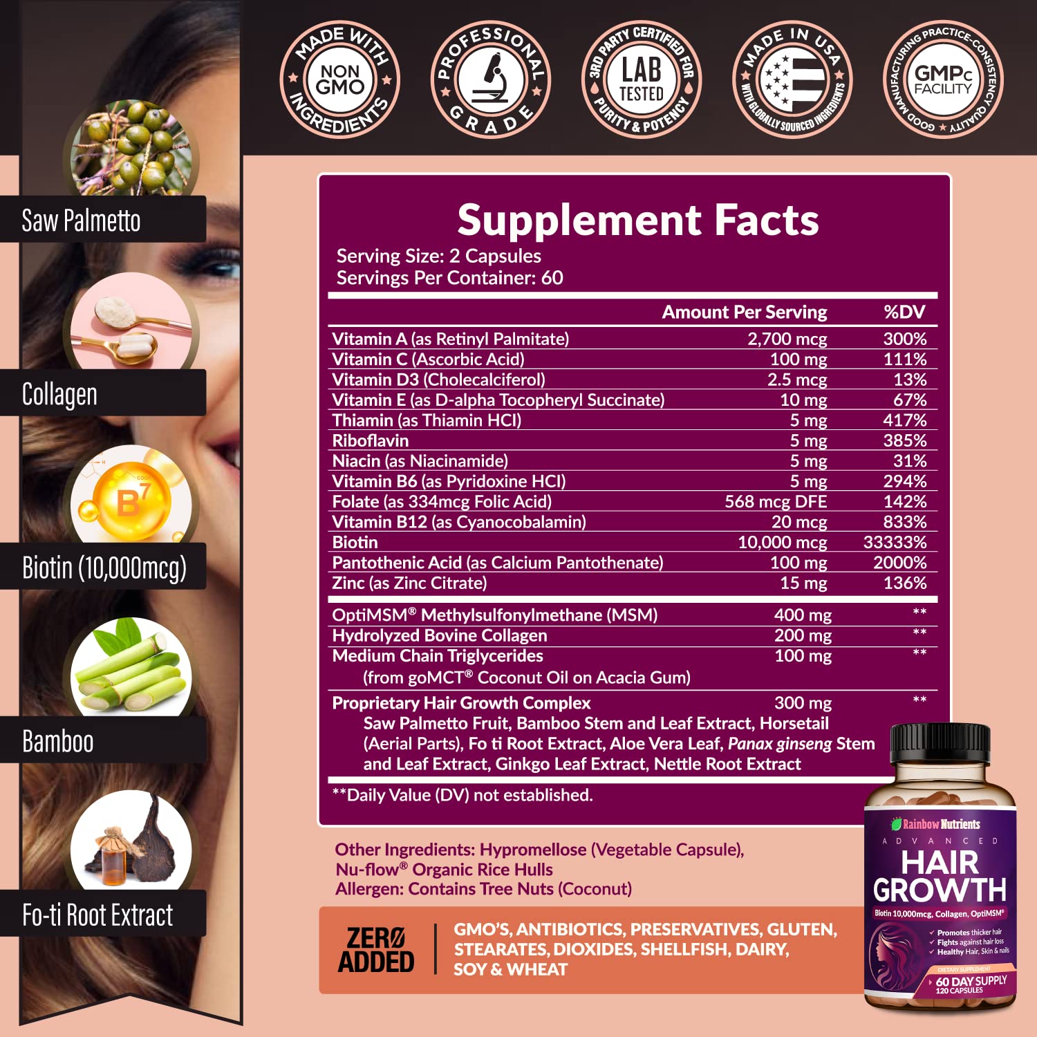 Rainbow Nutrients Hair Growth capsules close-up highlights convenient veggie capsules.