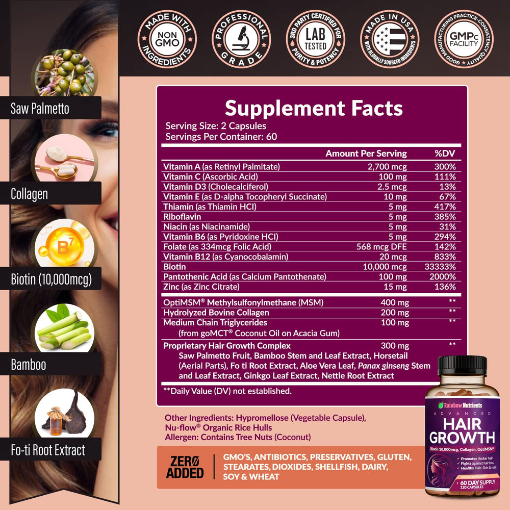 Rainbow Nutrients Hair Growth capsules close-up highlights convenient veggie capsules.