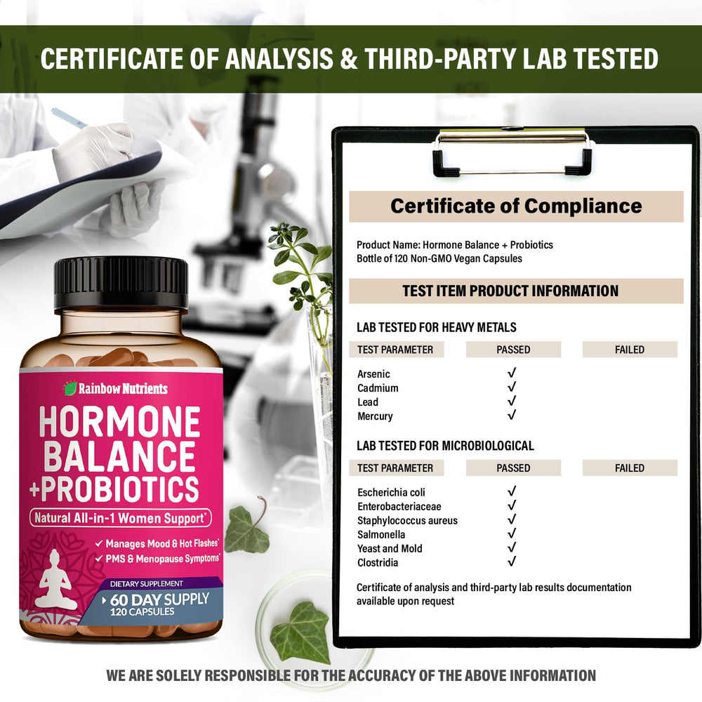 Rainbow Nutrients Hormone Balance + Probiotics bottle with glass illustrating daily routine