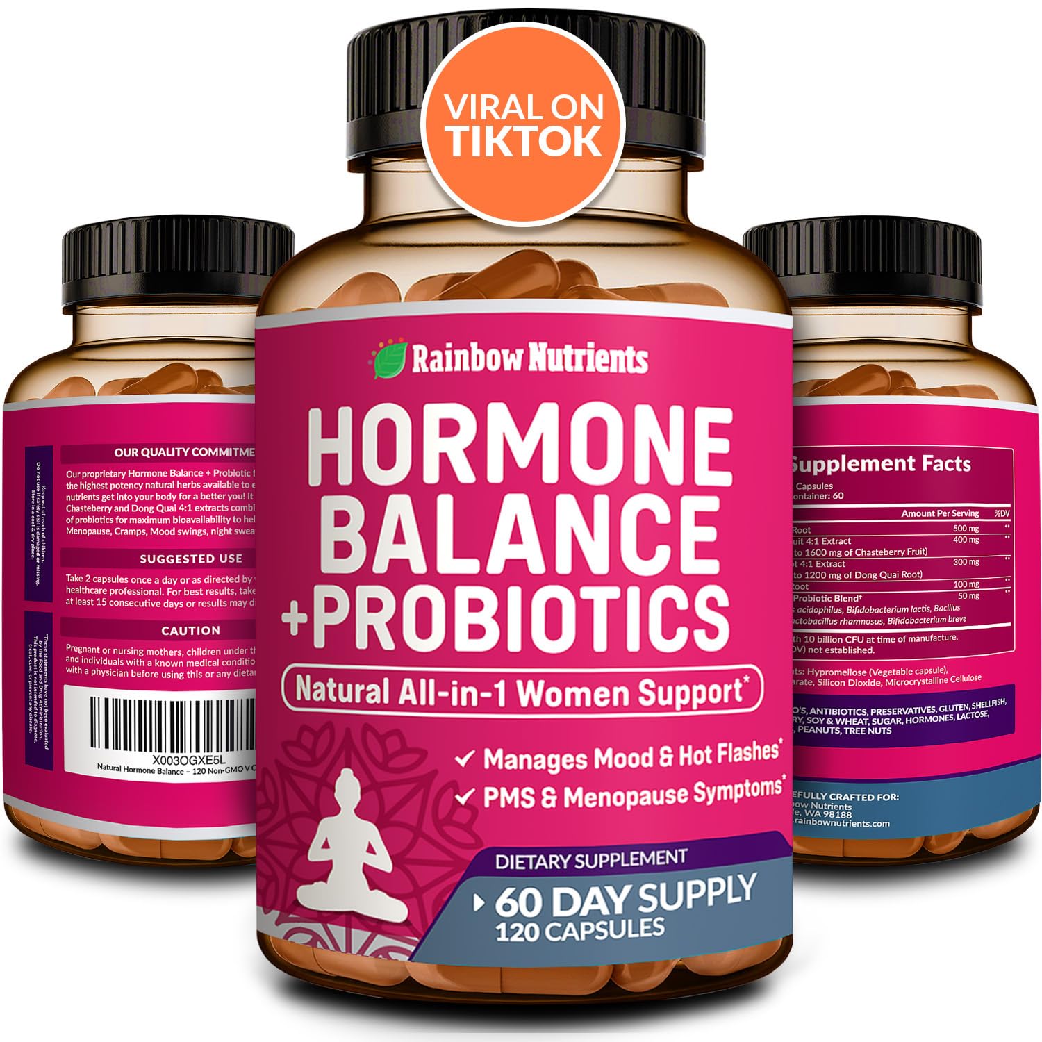 Rainbow Nutrients Hormone Balance + Probiotics bottle showing 60-day supply for hormone comfort