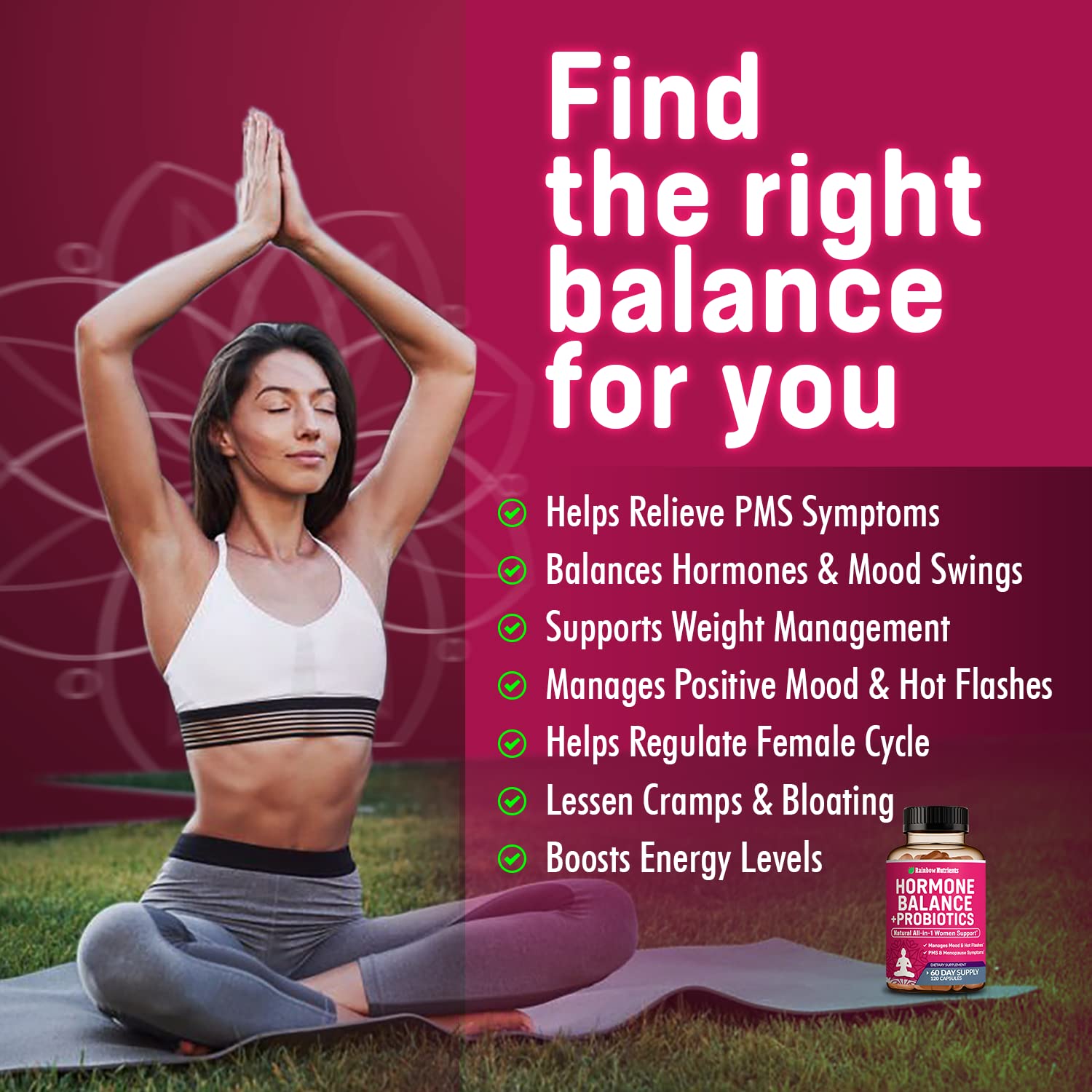 Rainbow Nutrients Hormone Balance + Probiotics label highlighting key ingredients for balance