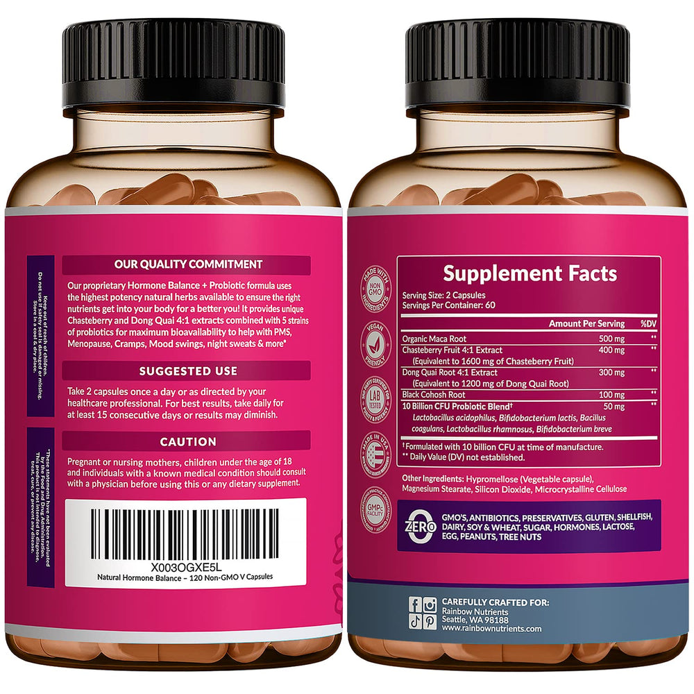 Rainbow Nutrients Hormone Balance + Probiotics packaging emphasizing non-GMO USA-made quality