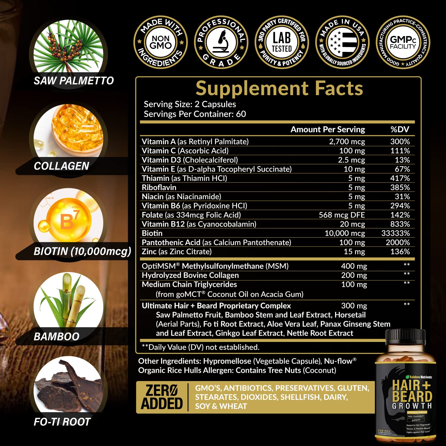 Rainbow Nutrients men’s beard vitamins capsule closeup suggests beard growth support.