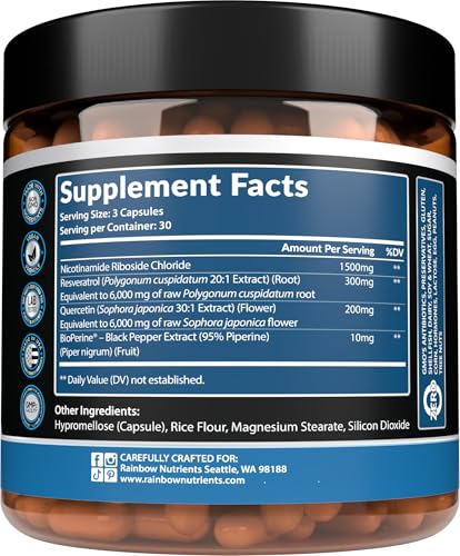 Rainbow Nutrients NAD+ bottle back highlights high-purity USA-made production.