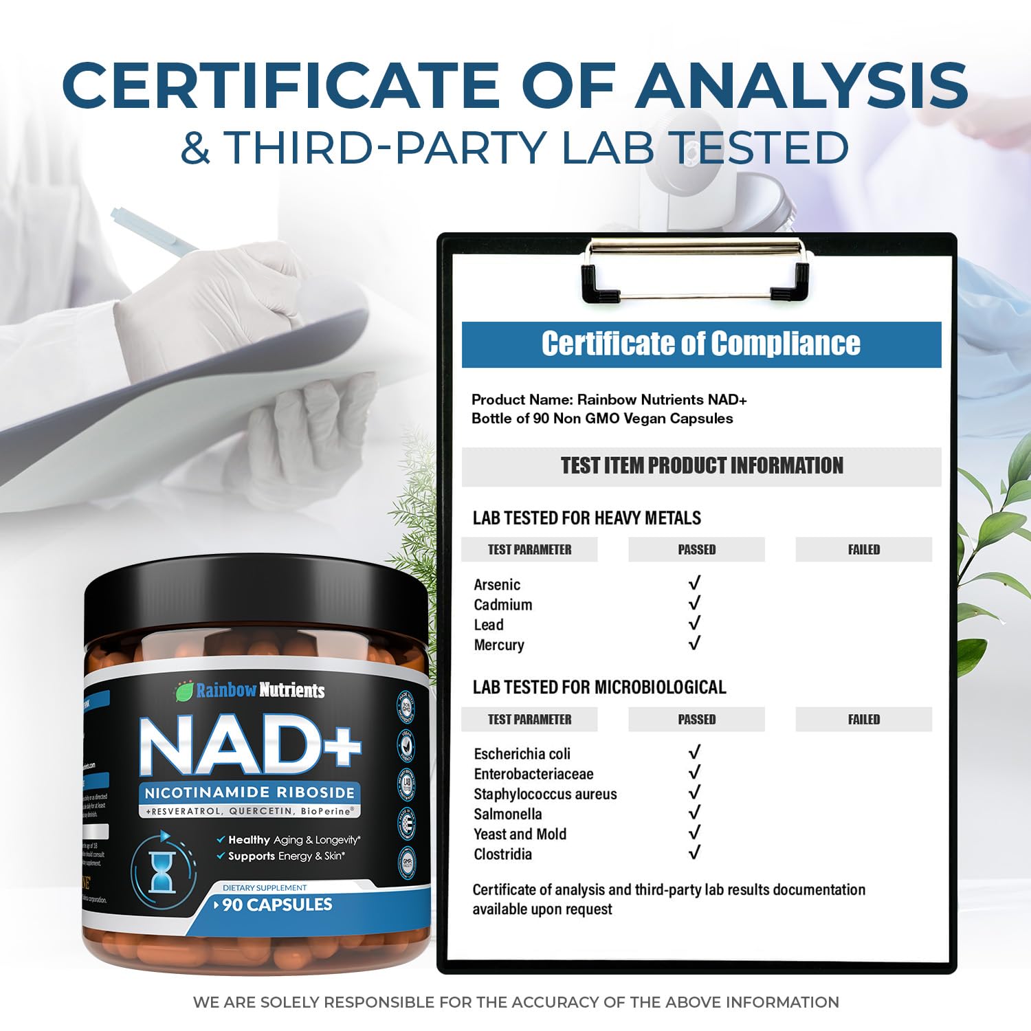 Rainbow Nutrients NAD+ bottle with glass of water suggests simple daily intake.