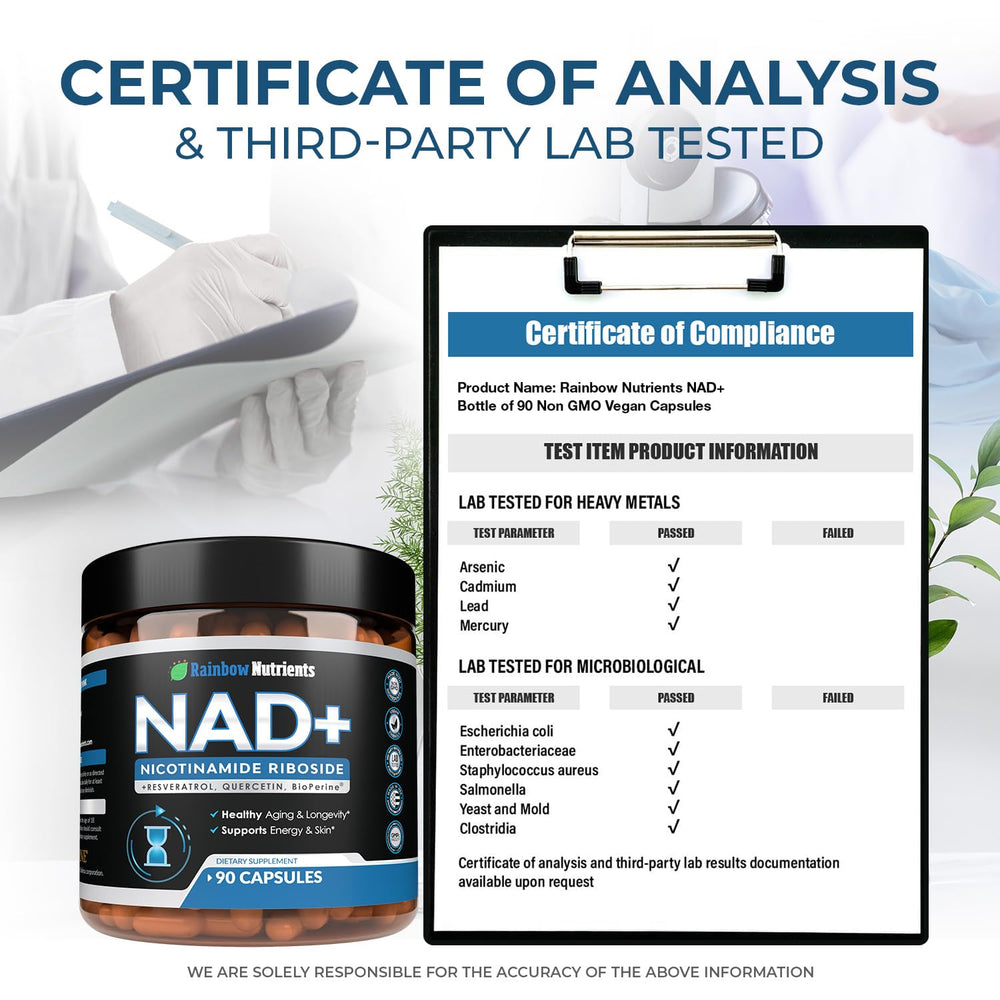 Rainbow Nutrients NAD+ bottle with glass of water suggests simple daily intake.