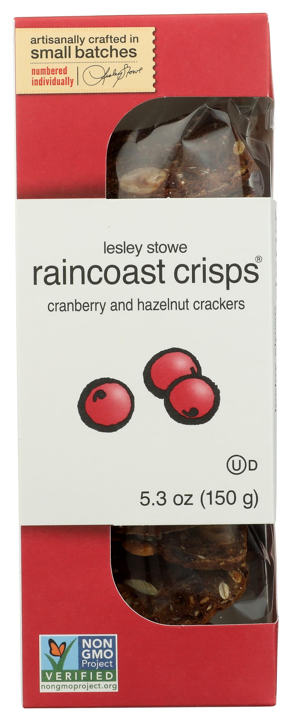 Raincoast Crisps Cranberry Hazelnut crisp in a resealable bag for fresh-snack versatility.