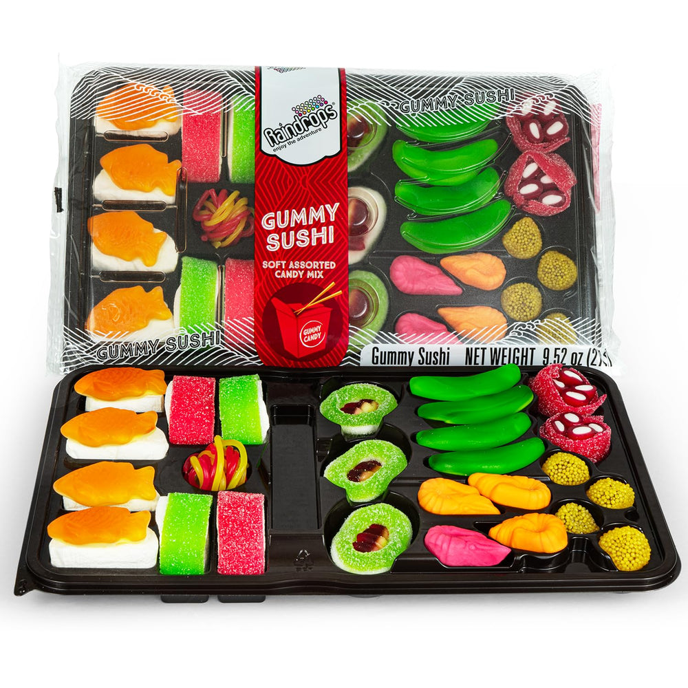 Raindrops Gummy Sushi Box front view; playful sushi shapes for a fun party snack.