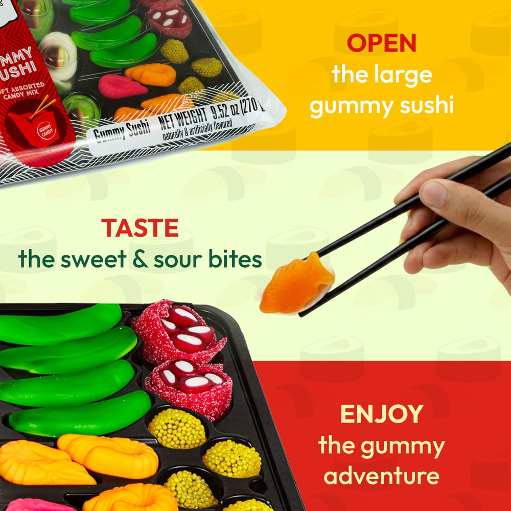Raindrops Gummy Sushi fillings close-up; soft chewiness plus fruit flavors.