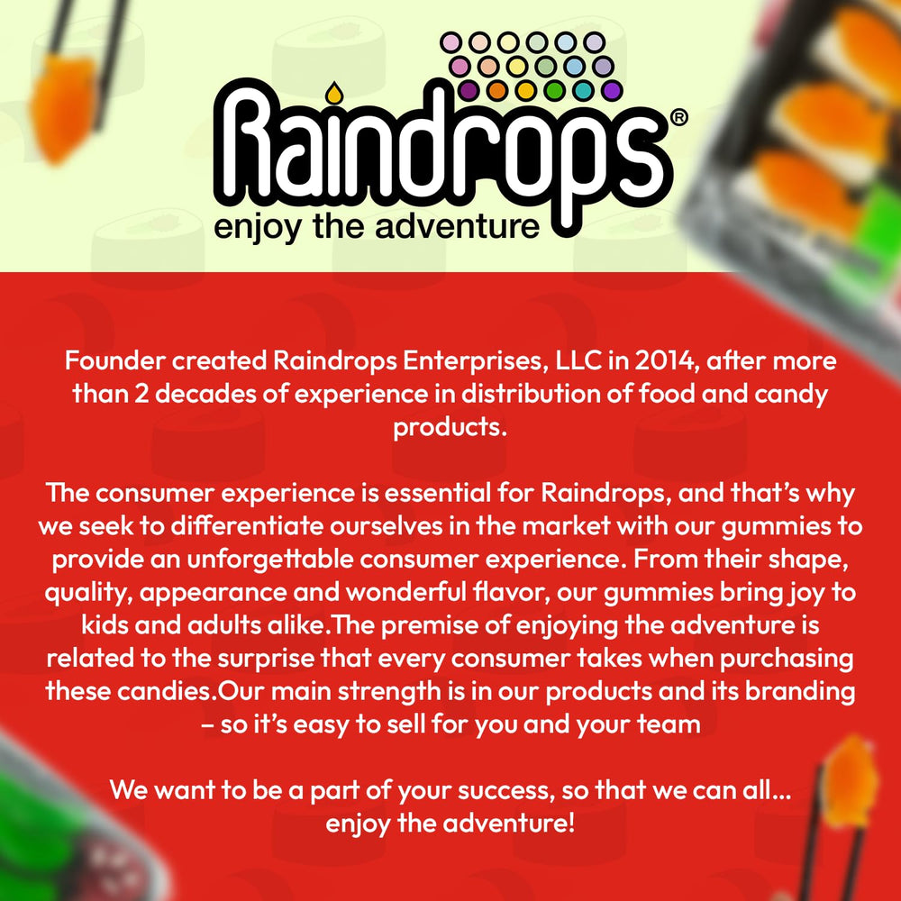 Raindrops Gummy Sushi party table; festive centerpiece candy.