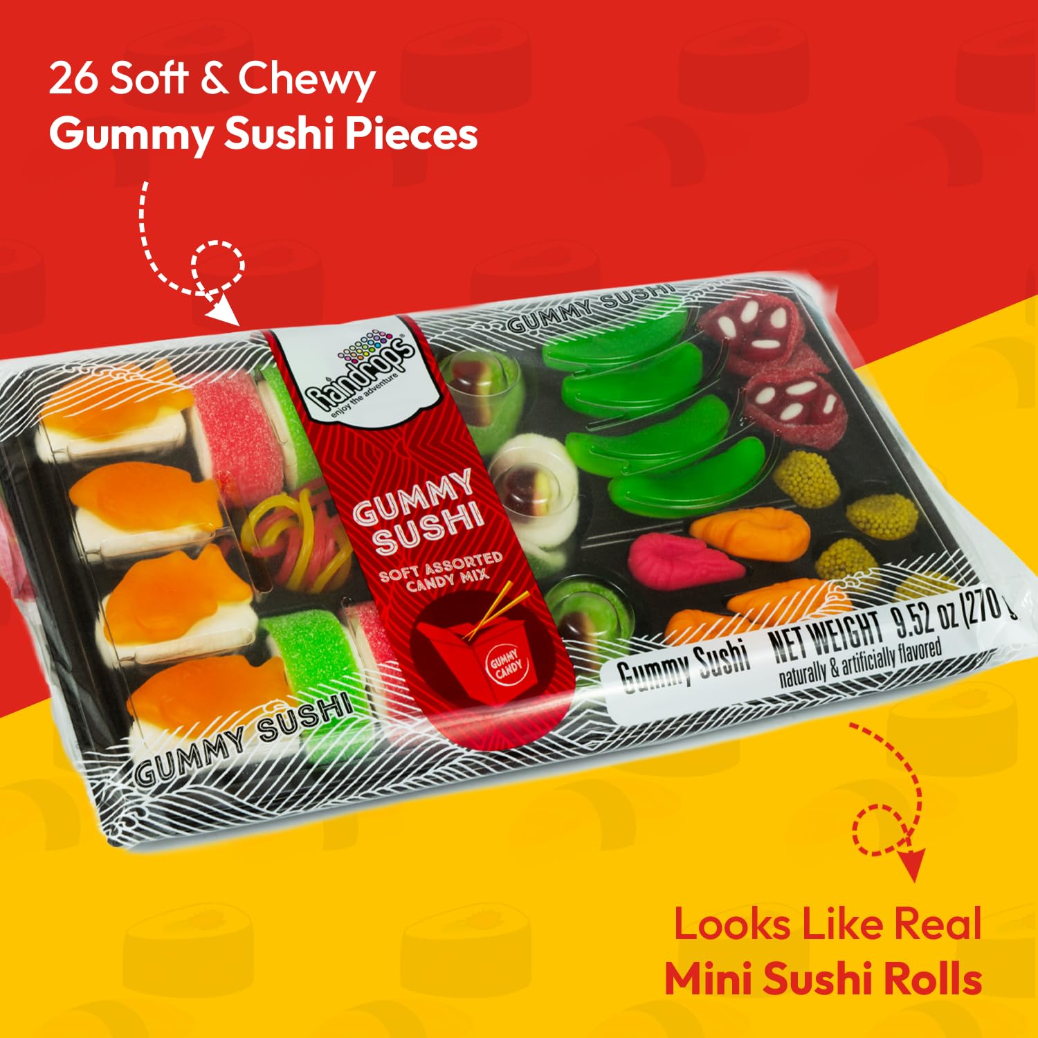 Raindrops Gummy Sushi Rolls close-up; chewy layers and fruity flavors shine.