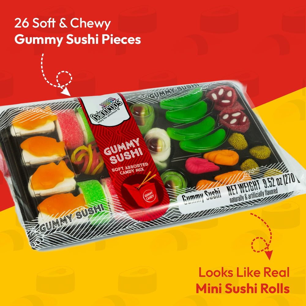 Raindrops Gummy Sushi Rolls close-up; chewy layers and fruity flavors shine.