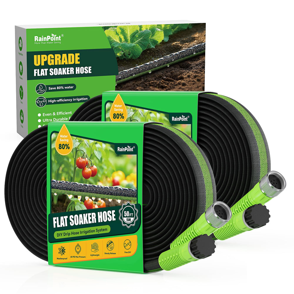 RAINPOINT flat soaker hose 100ft waters roots evenly for efficient irrigation.