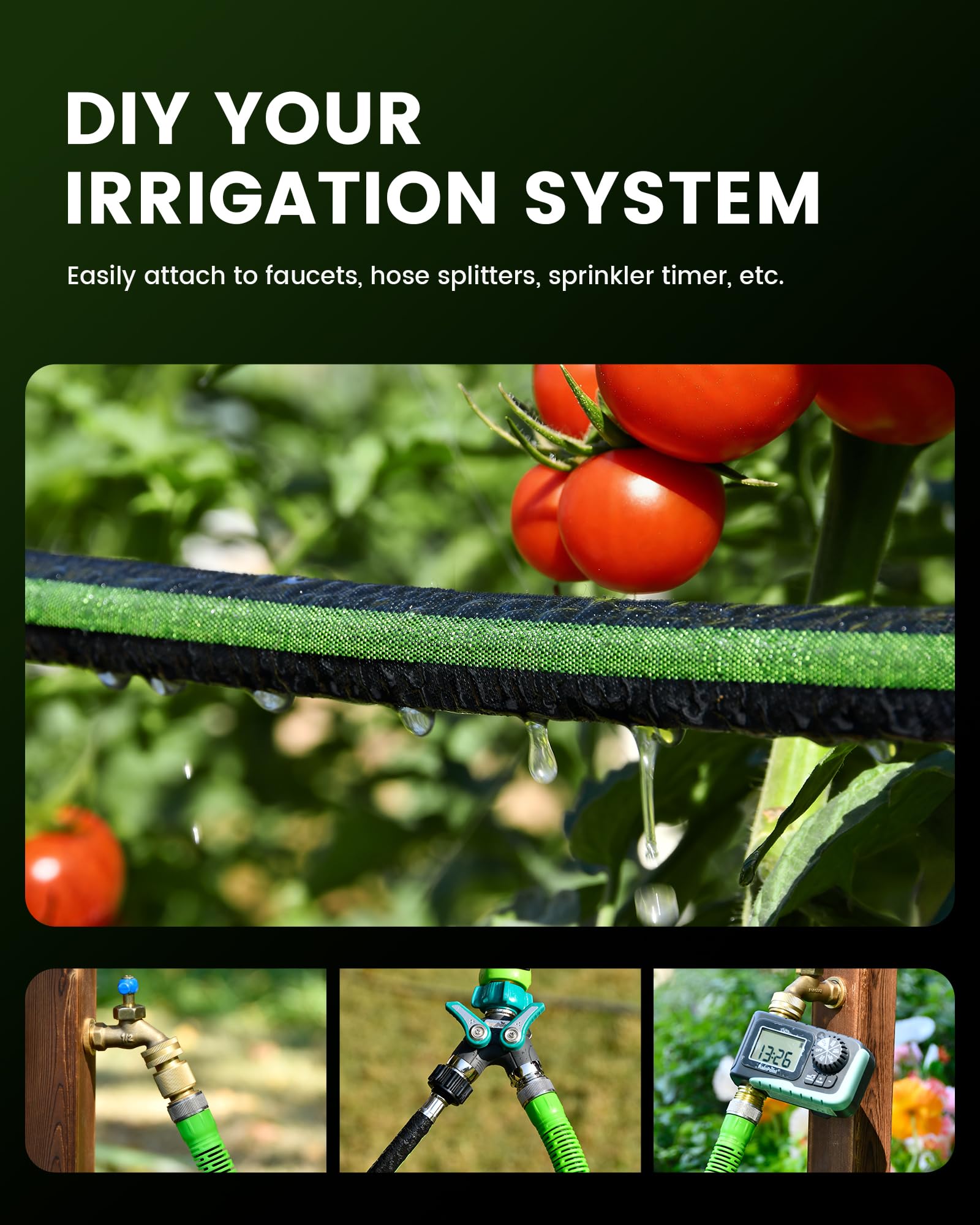 RAINPOINT kink-free flat hose design lays smoothly around plants.