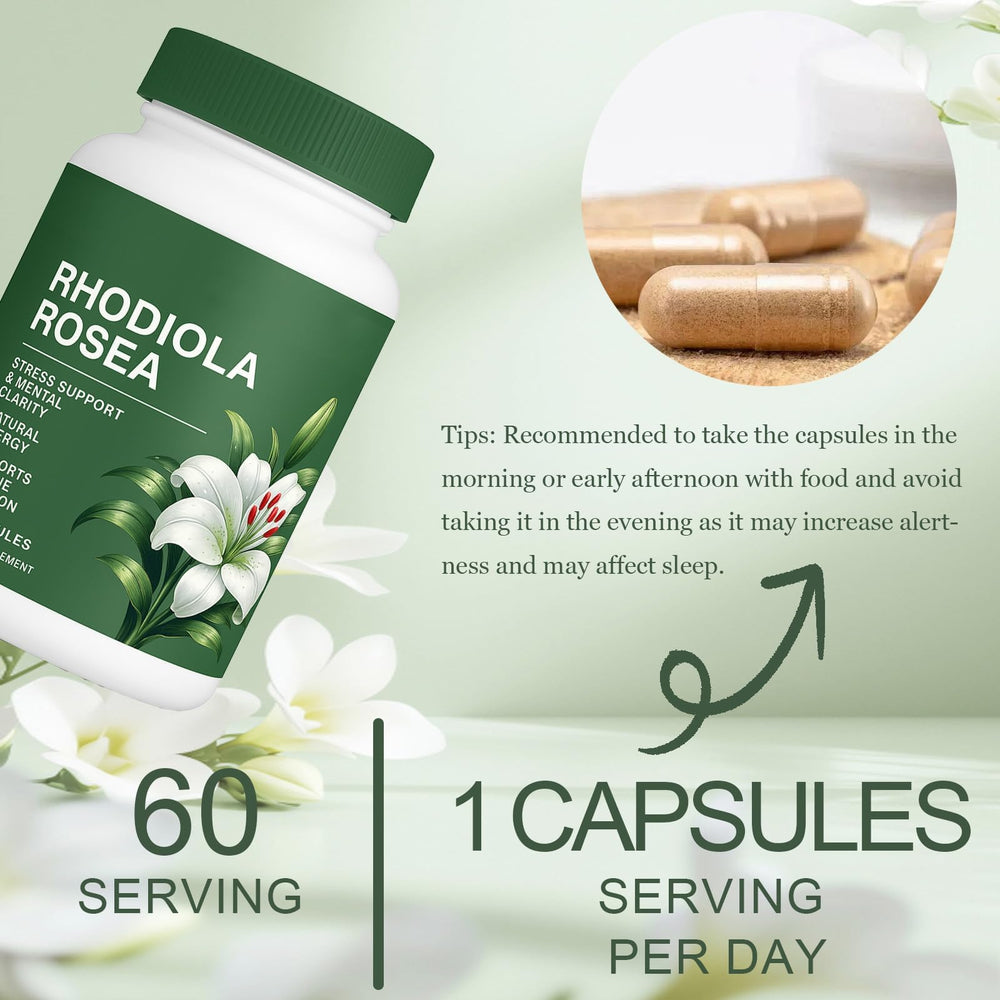Raipult Floraviva Rhodiola capsules on a tidy desk for daily focus