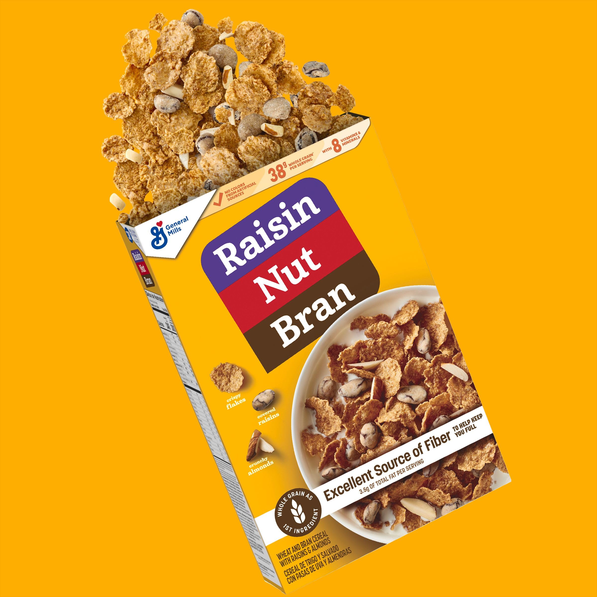 Raisin Nut Bran cereal box showing whole grain and fiber details.