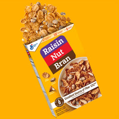Raisin Nut Bran cereal box showing whole grain and fiber details.