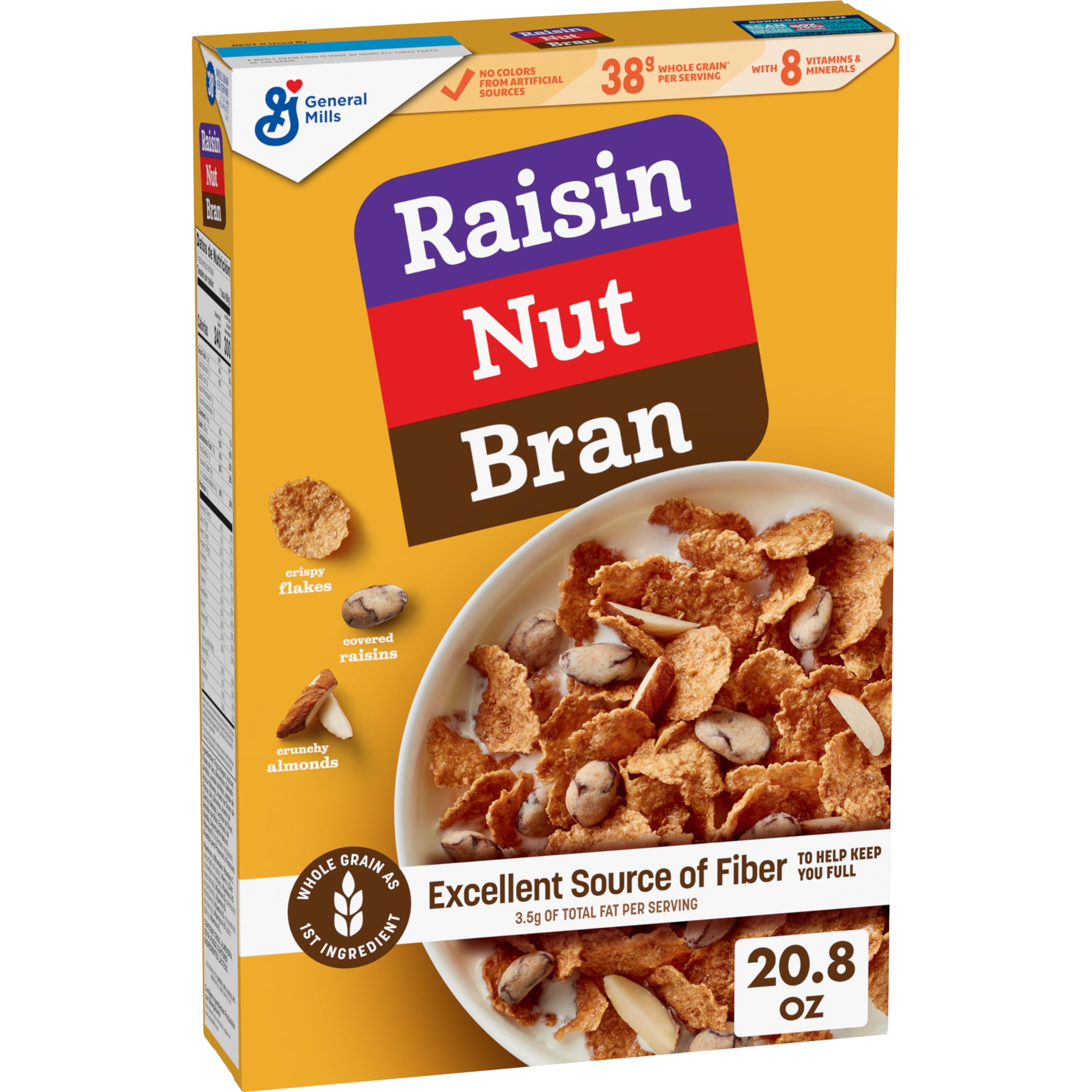 Raisin Nut Bran cereal flakes in a bowl for a fiber-rich breakfast.