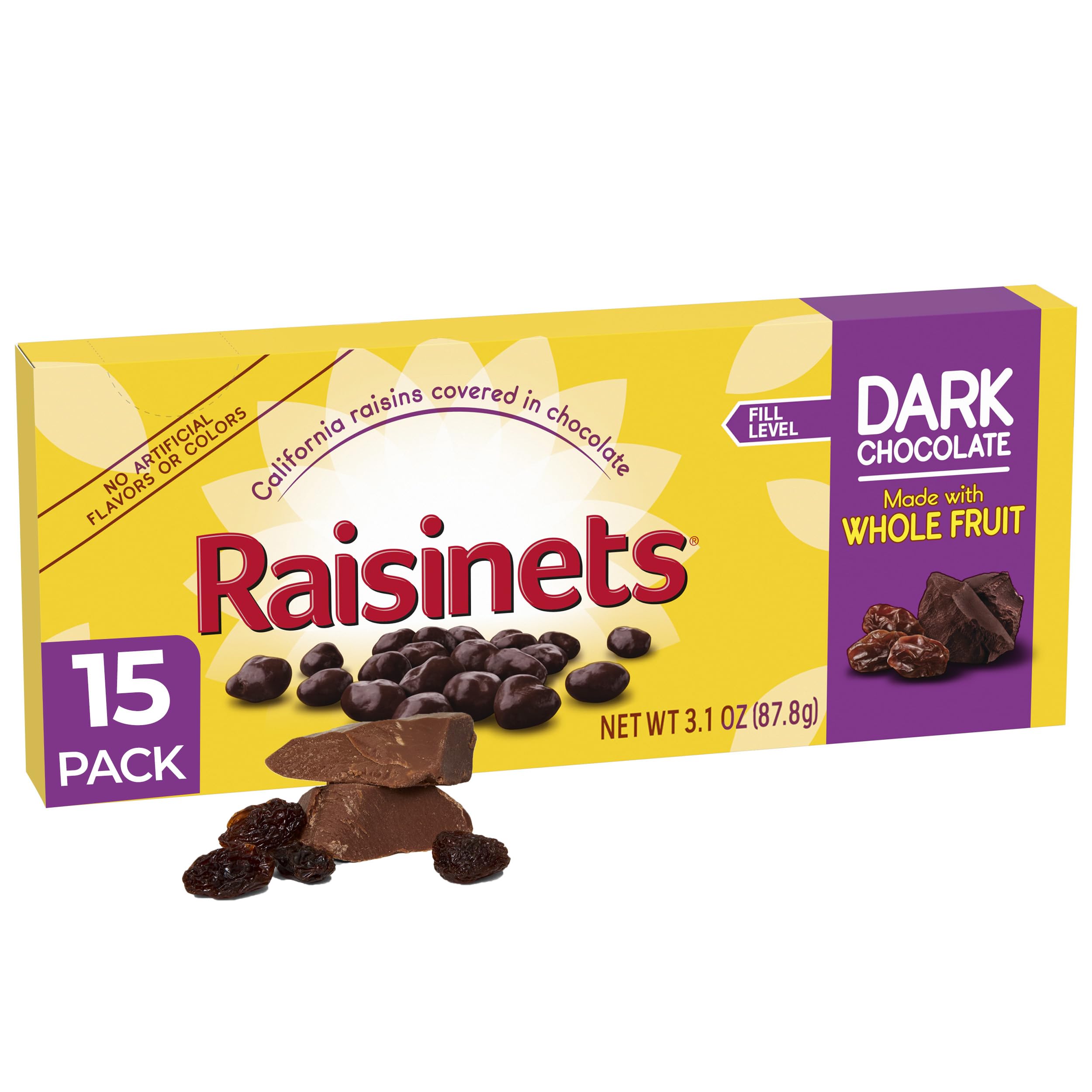 Raisinets dark chocolate covered raisins on the front box for movie night indulgence