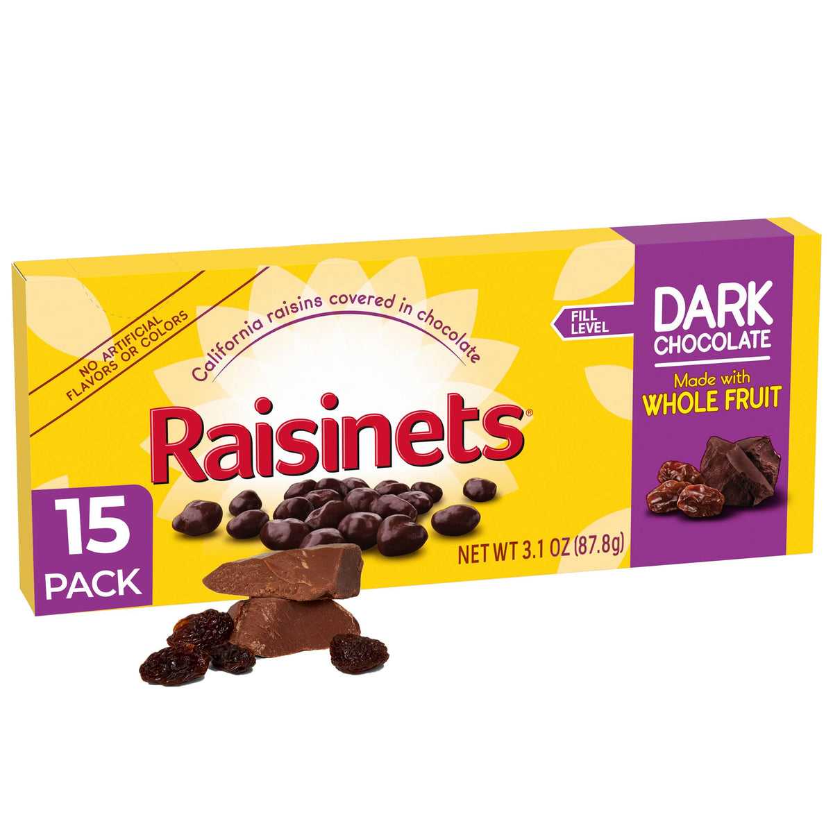 Raisinets dark chocolate covered raisins on the front box for movie night indulgence
