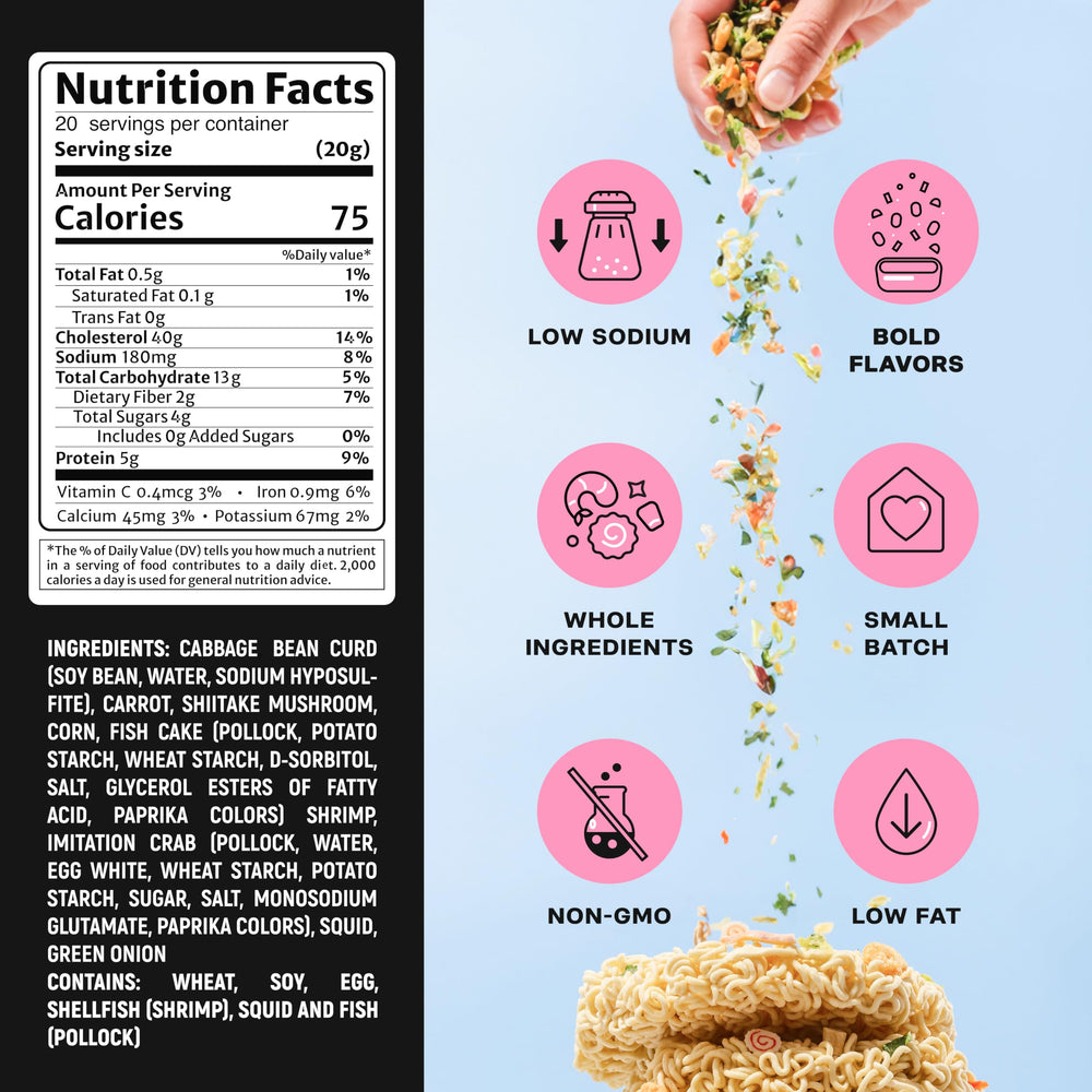 Ramen Bae dehydrated ramen toppings closeup – convenient pantry upgrade for quick meals.