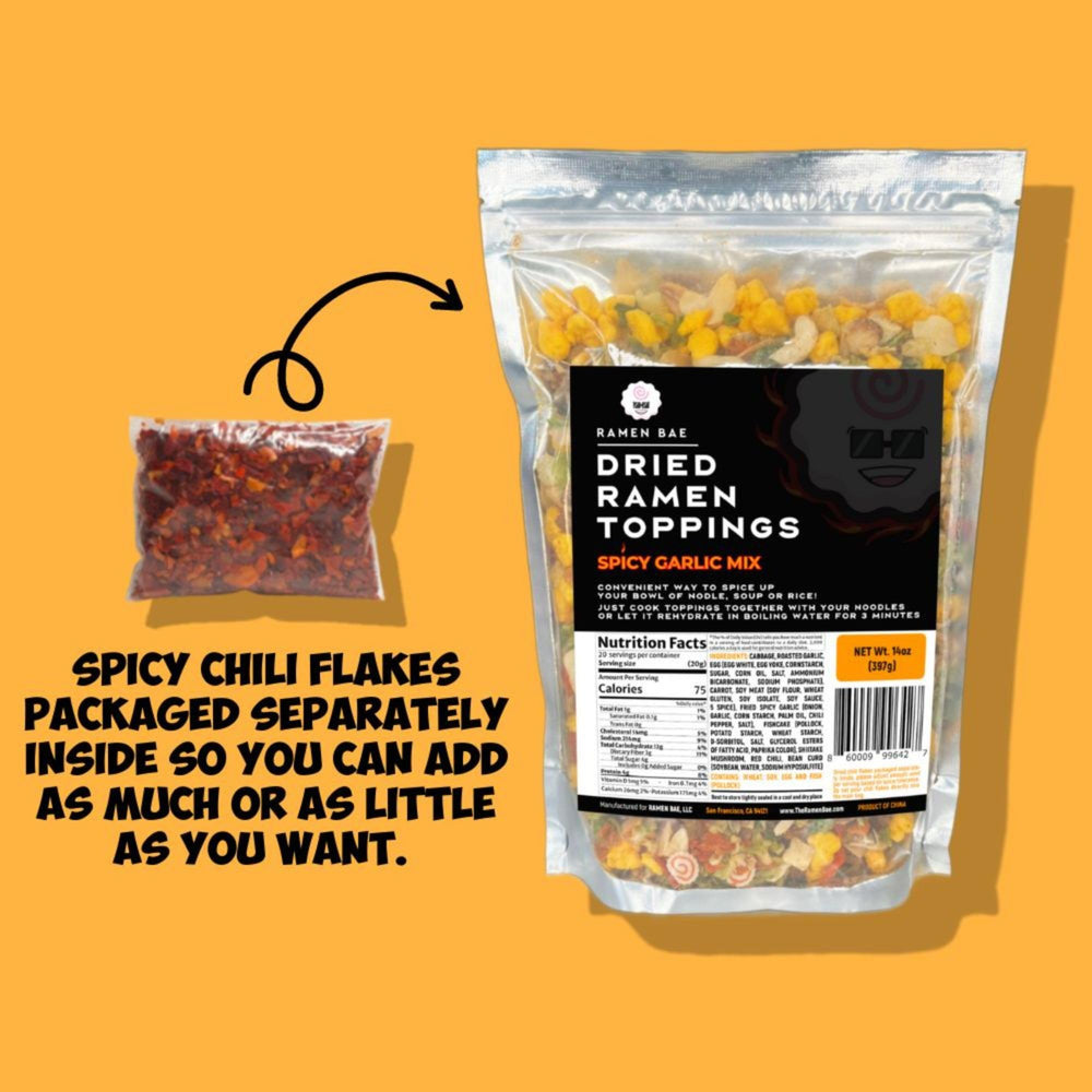 Noodles elevated with Ramen Bae spicy garlic mix for bold texture and color.