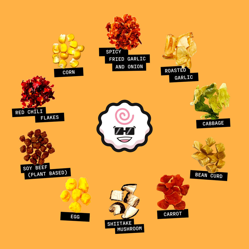 A bowl with Ramen Bae toppings ready to rehydrate for a richer noodle bowl.