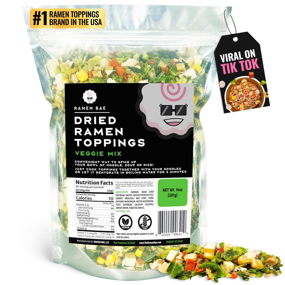 Ramen Bae Veggie Mix toppings bag showing colorful dried vegetables for instant flavor and convenience.