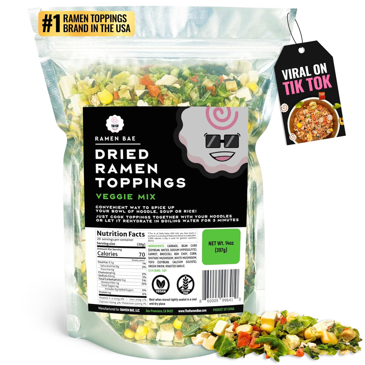 Ramen Bae Veggie Mix toppings bag showing colorful dried vegetables for instant flavor and convenience.