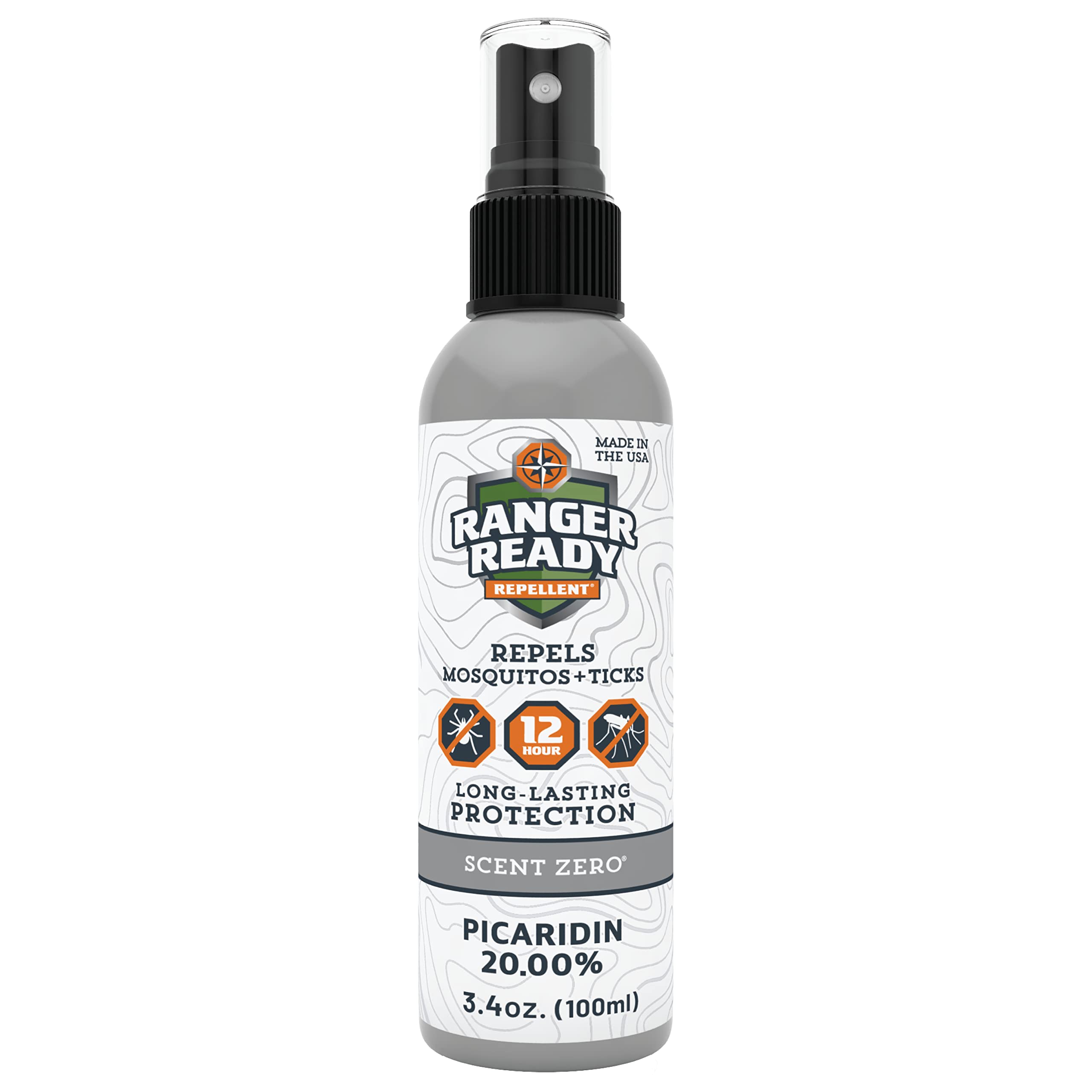 Ranger Ready Picaridin spray bottle shows non-greasy, odorless protection for outdoor activities.
