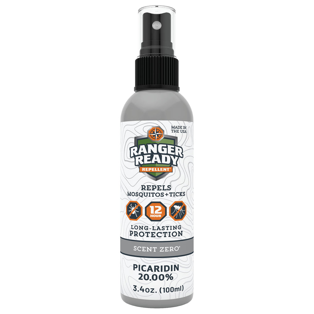 Ranger Ready Picaridin spray bottle shows non-greasy, odorless protection for outdoor activities.