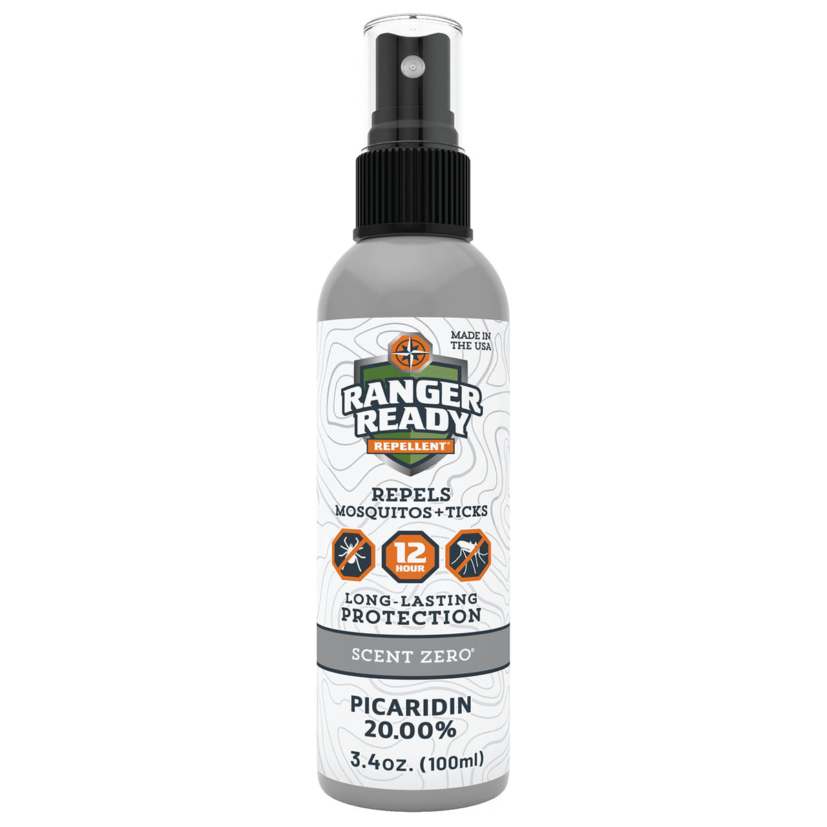 Ranger Ready Picaridin spray bottle shows non-greasy, odorless protection for outdoor activities.
