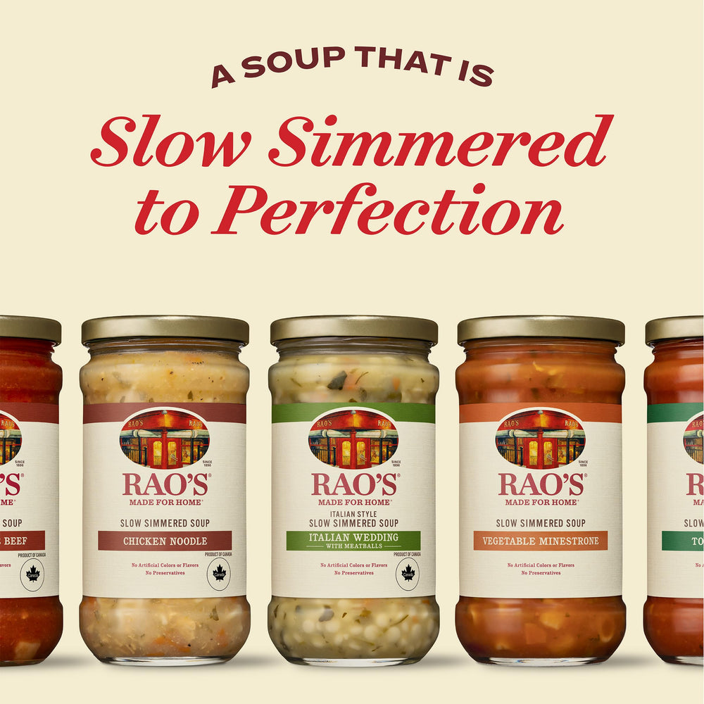 Rao's brand label on jar highlights a trusted, home-style soup.