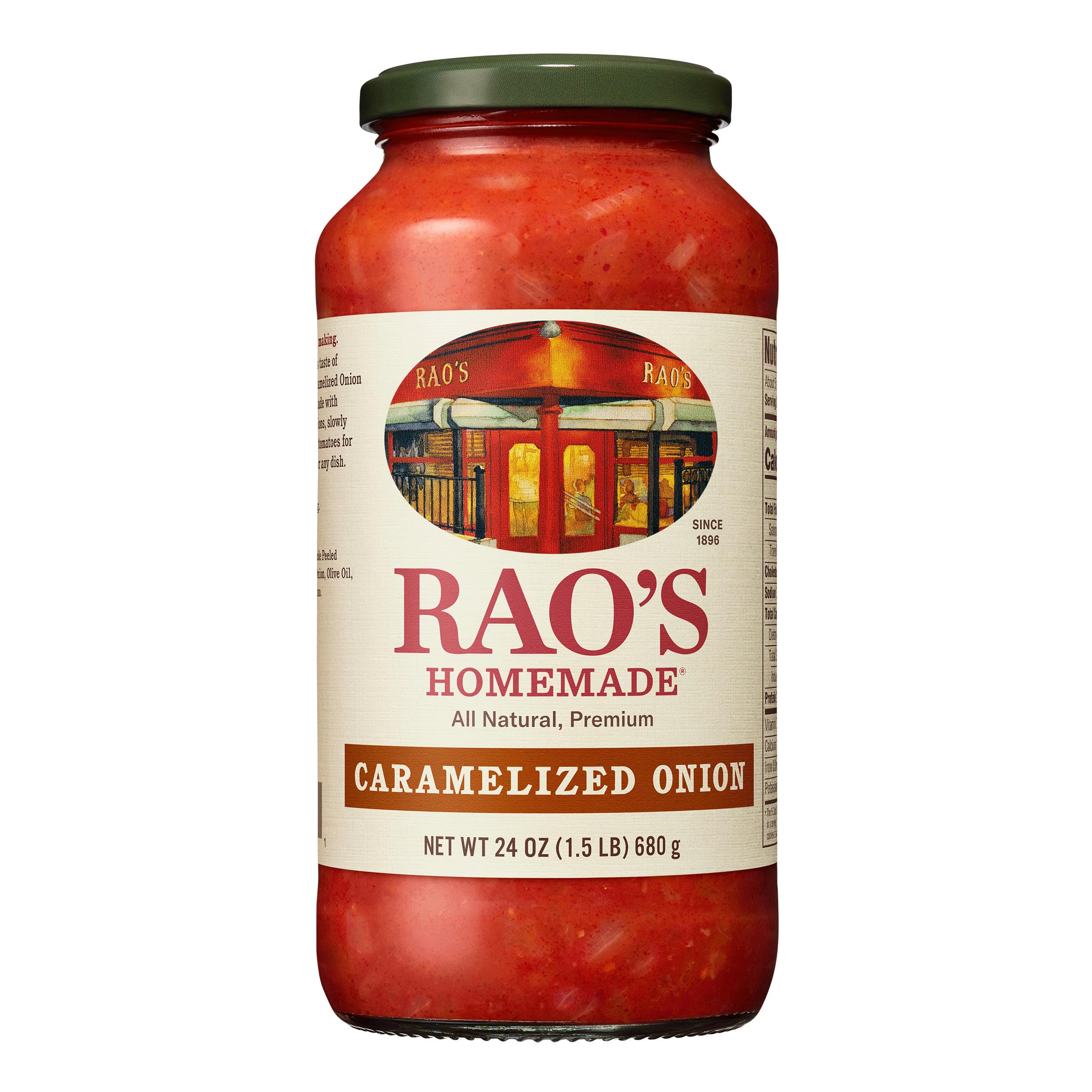 Raos Caramelized Onion Sauce jar front label showing premium ingredients for authentic Italian flavor.