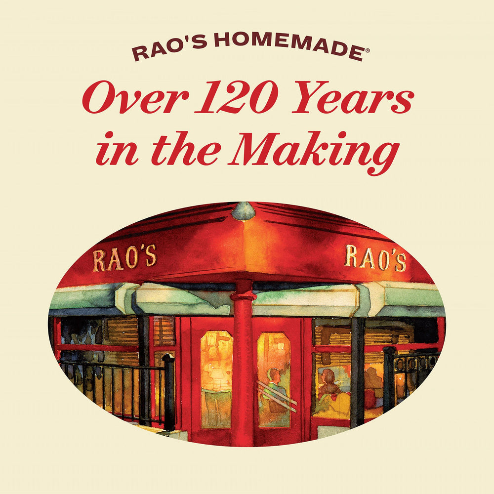 Jar on kitchen counter with Rao's logo for premium pantry staple.