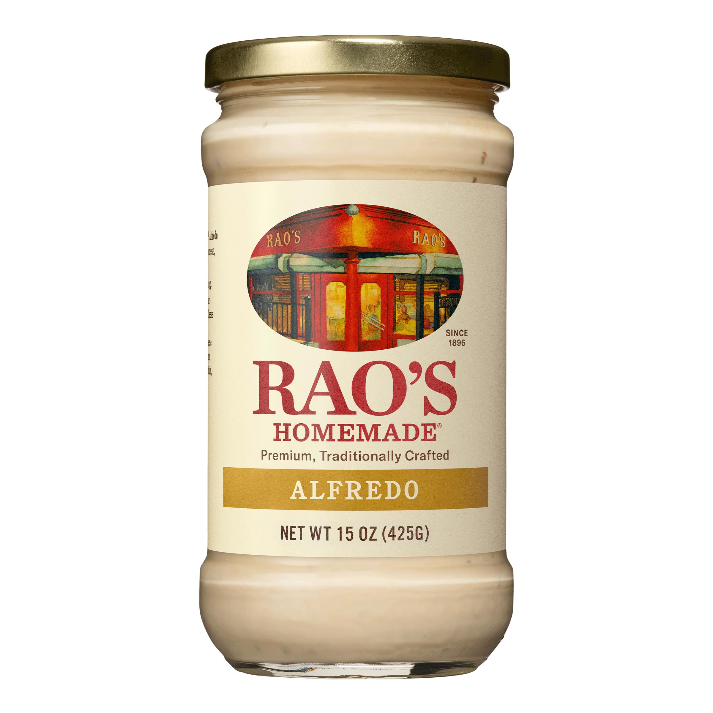 Rao's Homemade Alfredo sauce jar shows creamy texture for quick weeknight pasta dinners.