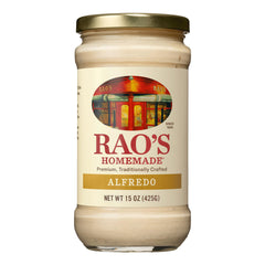 Rao's Homemade Alfredo sauce jar shows creamy texture for quick weeknight pasta dinners.