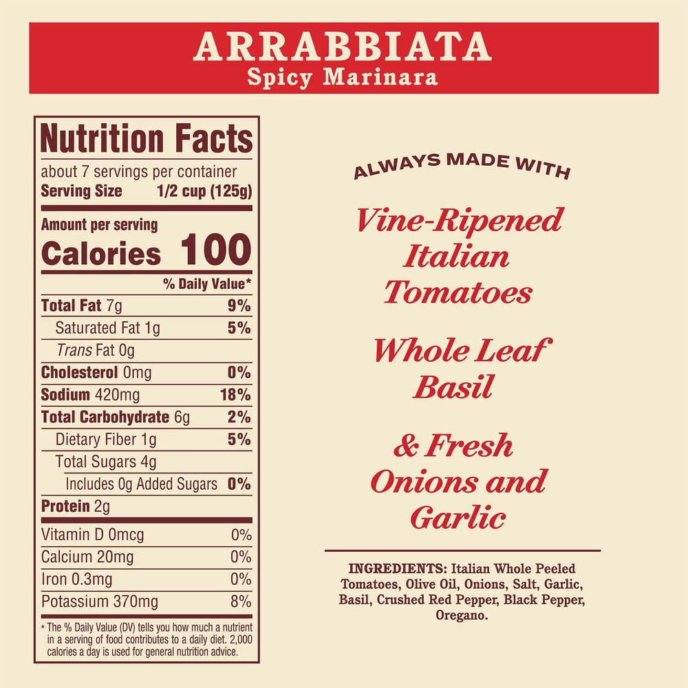 Rao's Arrabbiata bottle pours over pasta for quick, flavorful weeknight dinner.