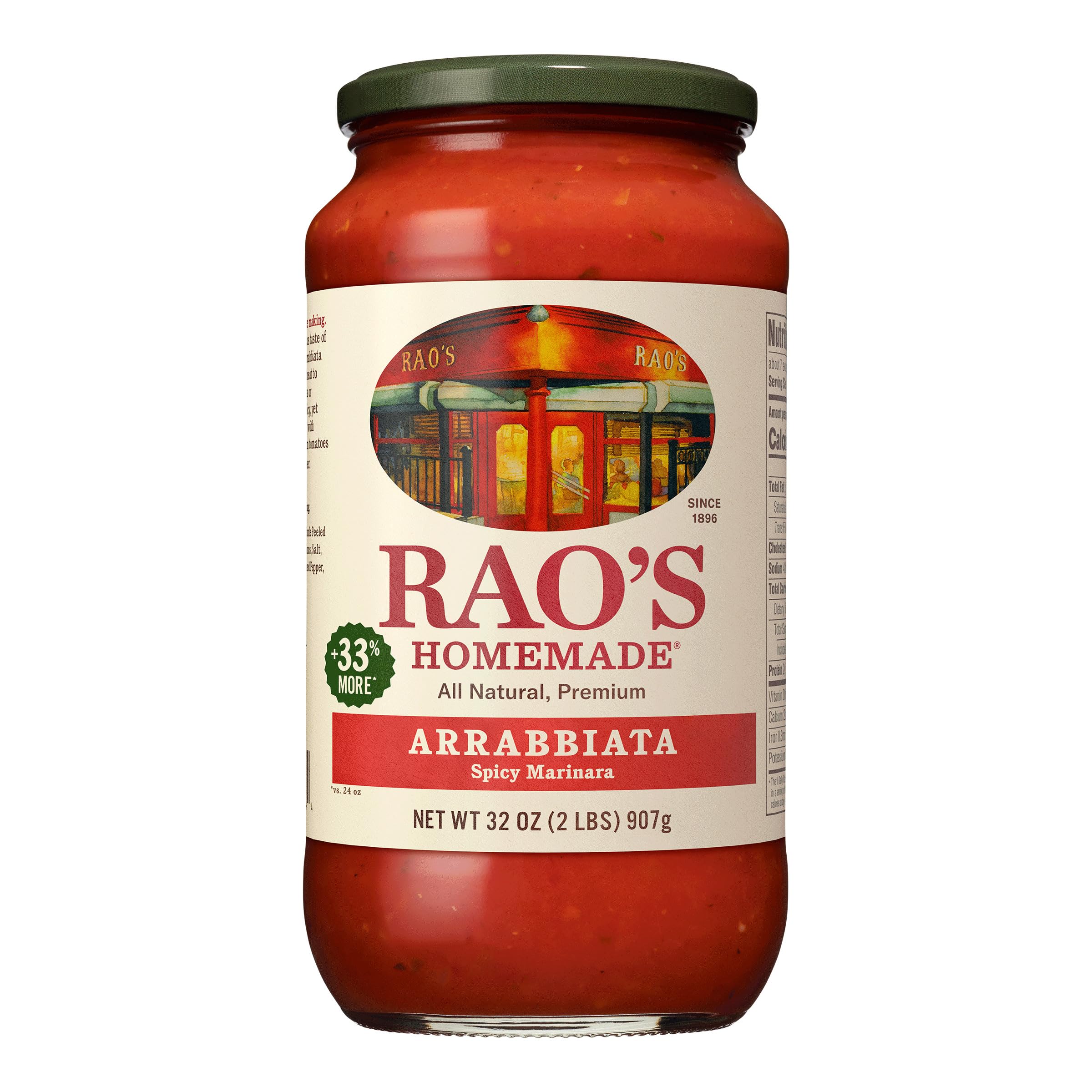 Rao's Homemade Arrabbiata sauce jar shows premium Italian tomatoes for rich flavor.